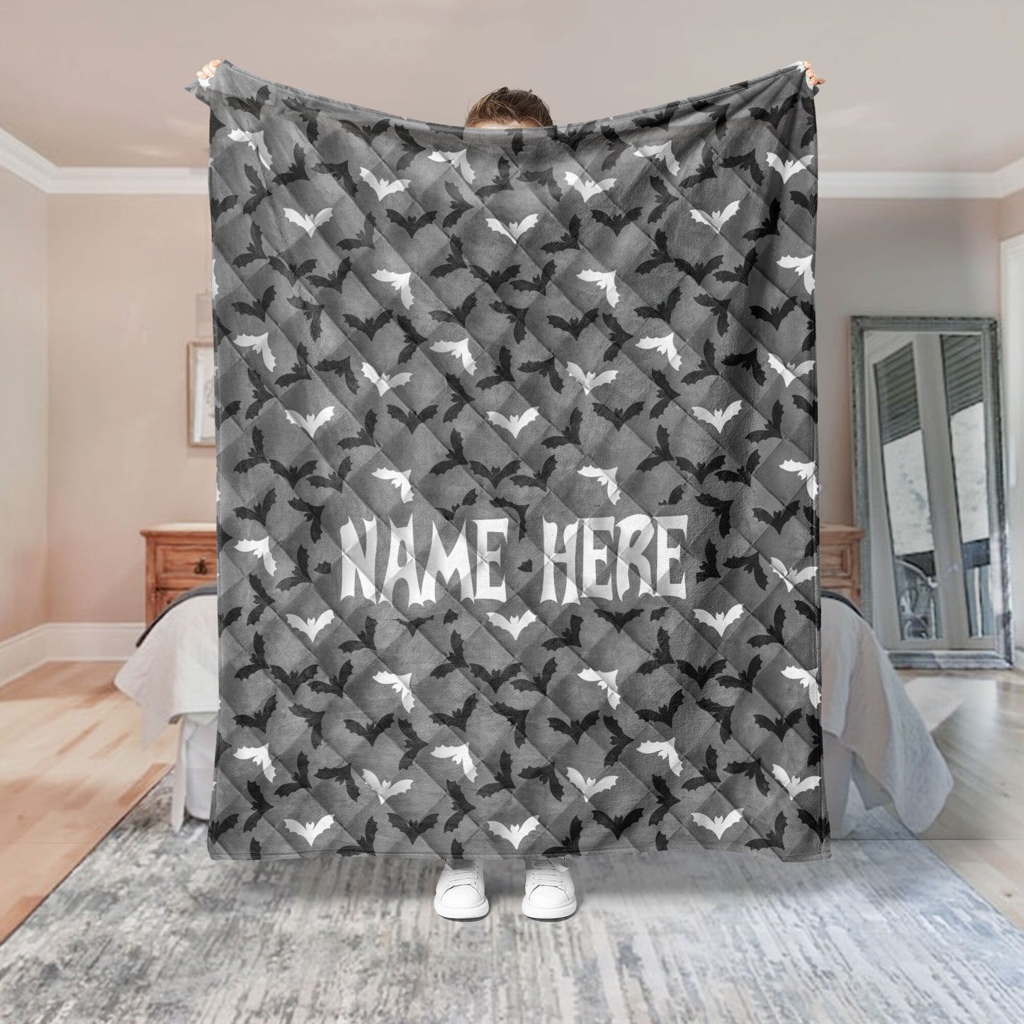 Personalized Bat Quilt Set, Bat Quilt Blanket & Pillowcase, Custom Name Quilt Bedding Set, Bat Bedspread, Gothic Gift, Halloween Gifts