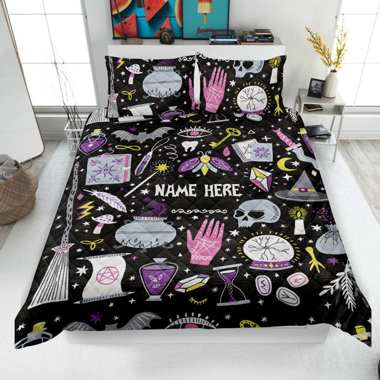 Personalized Witch Quilt Set, Witch Things Quilt Blanket & Pillowcase, Custom Name Quilt Bedding Set, Bedspread, Witchy Gift, Halloween Gift