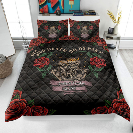 Personalized Skeleton Couple Quilt Set, Halloween Wedding Quilt Blanket & Pillowcase, Custom Name Quilt Bedding Set, Anniversary Gift