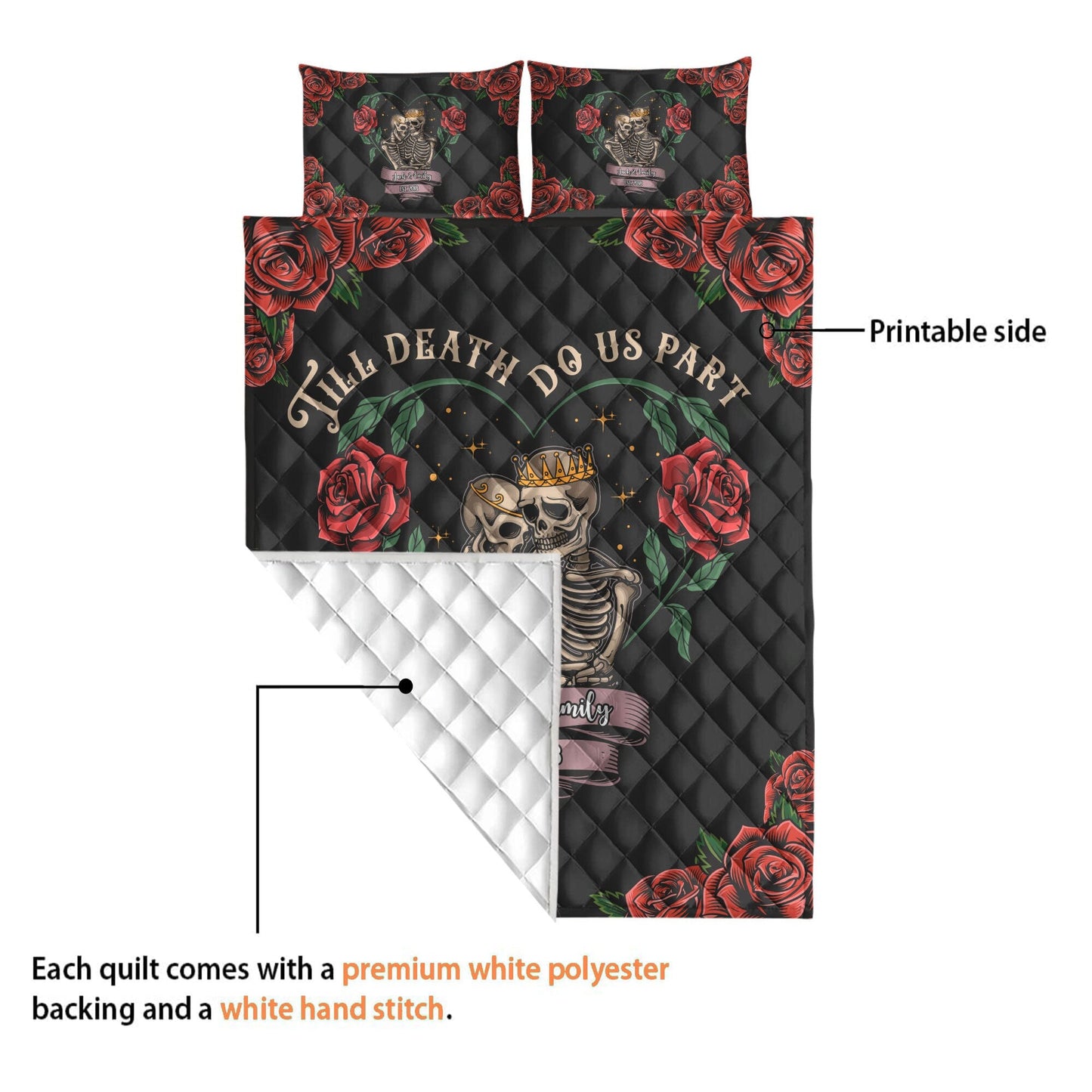 Personalized Skeleton Couple Quilt Set, Halloween Wedding Quilt Blanket & Pillowcase, Custom Name Quilt Bedding Set, Anniversary Gift