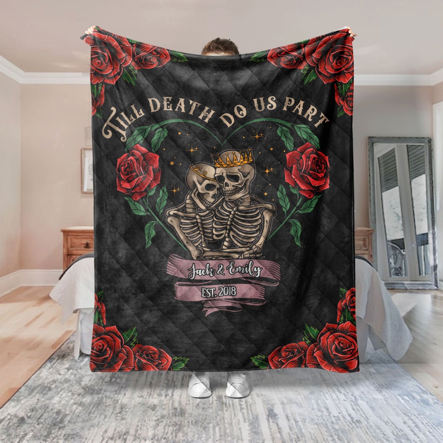 Personalized Skeleton Couple Quilt Set, Halloween Wedding Quilt Blanket & Pillowcase, Custom Name Quilt Bedding Set, Anniversary Gift