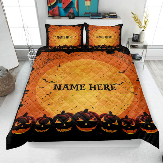 Personalized Pumpkin Quilt Set, Halloween Night Quilt Blanket & Pillowcase, Custom Name Quilt Bedding Set, Halloween Gift, Gothic Gifts
