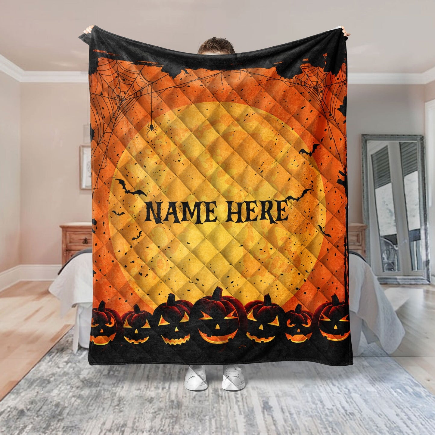 Personalized Pumpkin Quilt Set, Halloween Night Quilt Blanket & Pillowcase, Custom Name Quilt Bedding Set, Halloween Gift, Gothic Gifts