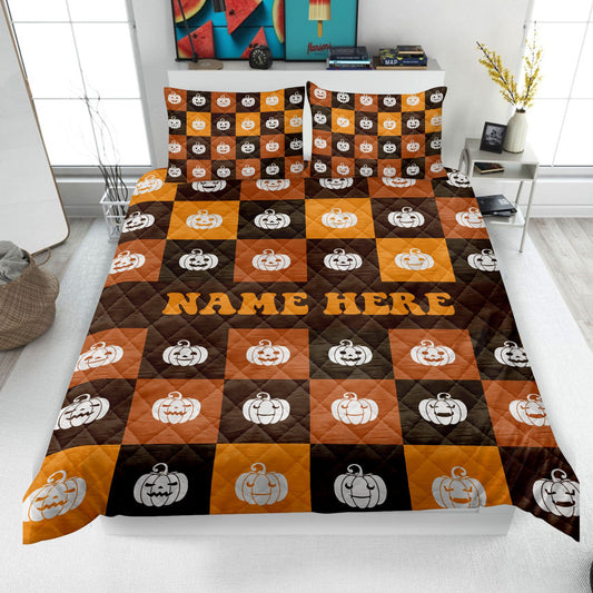 Personalized Pumpkin Quilt Set, Halloween Pumpkin Quilt Blanket & Pillowcase, Custom Name Quilt Bedding Set, Halloween Gift, Gothic Gifts