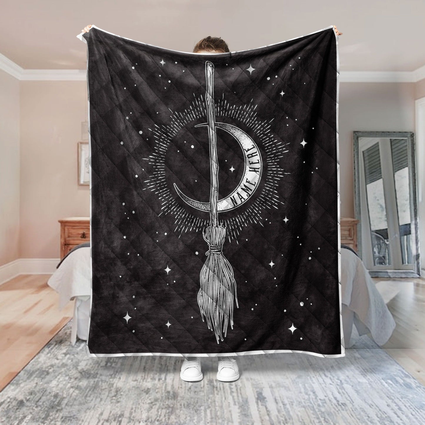 Personalized Witch Quilt Set, Witch Broom Stick and Moon Quilt Blanket & Pillowcases, Custom Name Quilt Bedding Set, Halloween Gift for Her