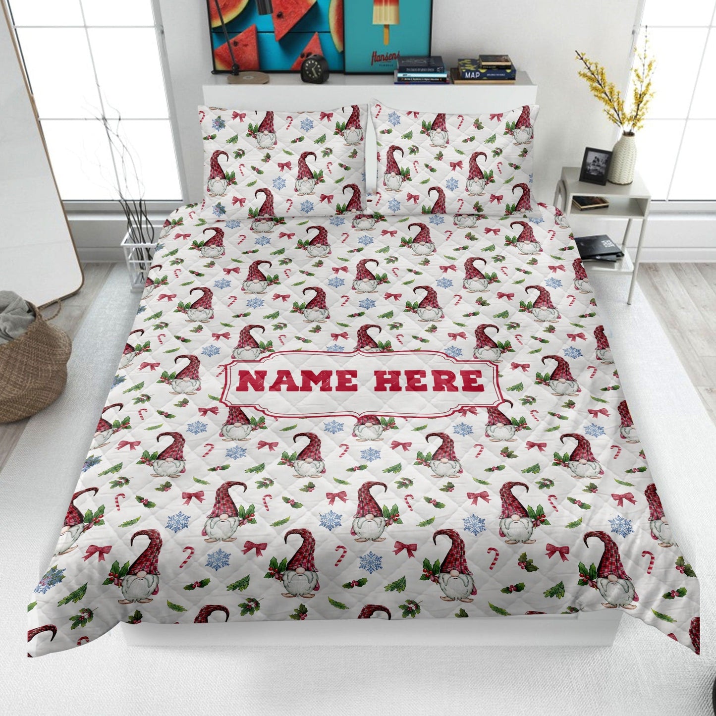 Personalized Christmas Gnome Quilt Set, Xmas Gnomes Pattern Quilt Blanket & Pillowcases, Custom Name Quilt Bedding Set, Christmas Gift