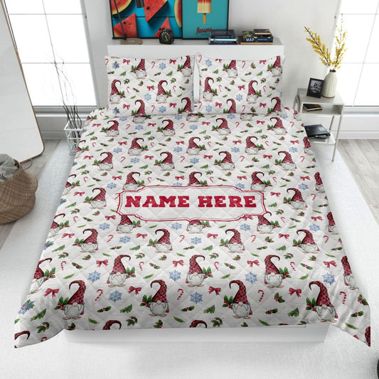 Personalized Christmas Gnome Quilt Set, Xmas Gnomes Pattern Quilt Blanket & Pillowcases, Custom Name Quilt Bedding Set, Christmas Gift