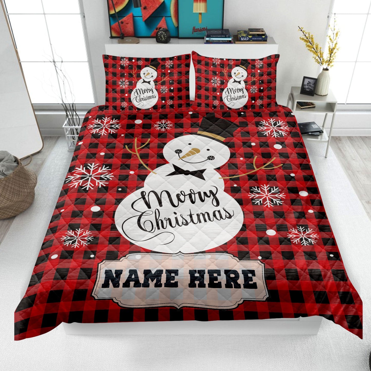 Personalized Christmas Quilt Set, Xmas Winter Snowman Quilt Blanket & Pillowcases, Custom Name Quilt Bedding Set, Bedspread, Christmas Gift