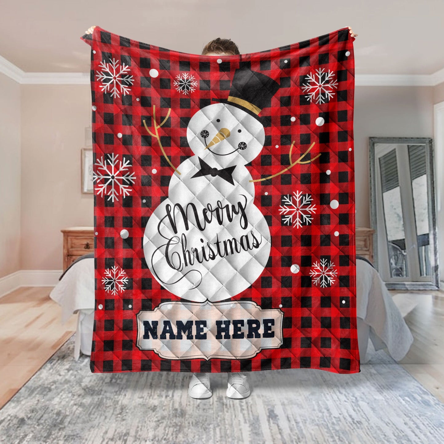 Personalized Christmas Quilt Set, Xmas Winter Snowman Quilt Blanket & Pillowcases, Custom Name Quilt Bedding Set, Bedspread, Christmas Gift