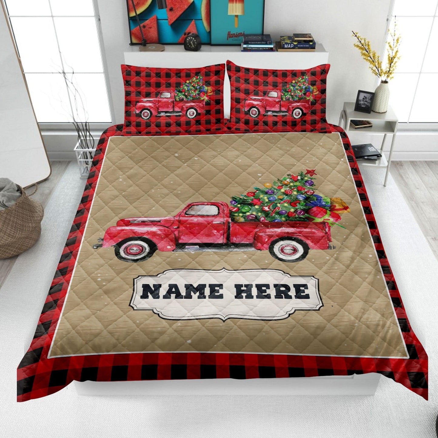 Personalized Christmas Truck Quilt Set, Xmas Red Truck Quilt Blanket & Pillowcases, Custom Name Quilt Bedding Set, Bedspread, Christmas Gift