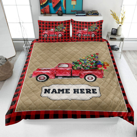 Personalized Christmas Truck Quilt Set, Xmas Red Truck Quilt Blanket & Pillowcases, Custom Name Quilt Bedding Set, Bedspread, Christmas Gift