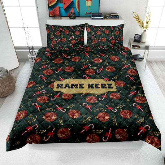 Personalized Christmas Quilt Set, Xmas Candy Cane Quilt Blanket & Pillowcases, Custom Name Quilt Bedding Set, Bedspread, Christmas Gift