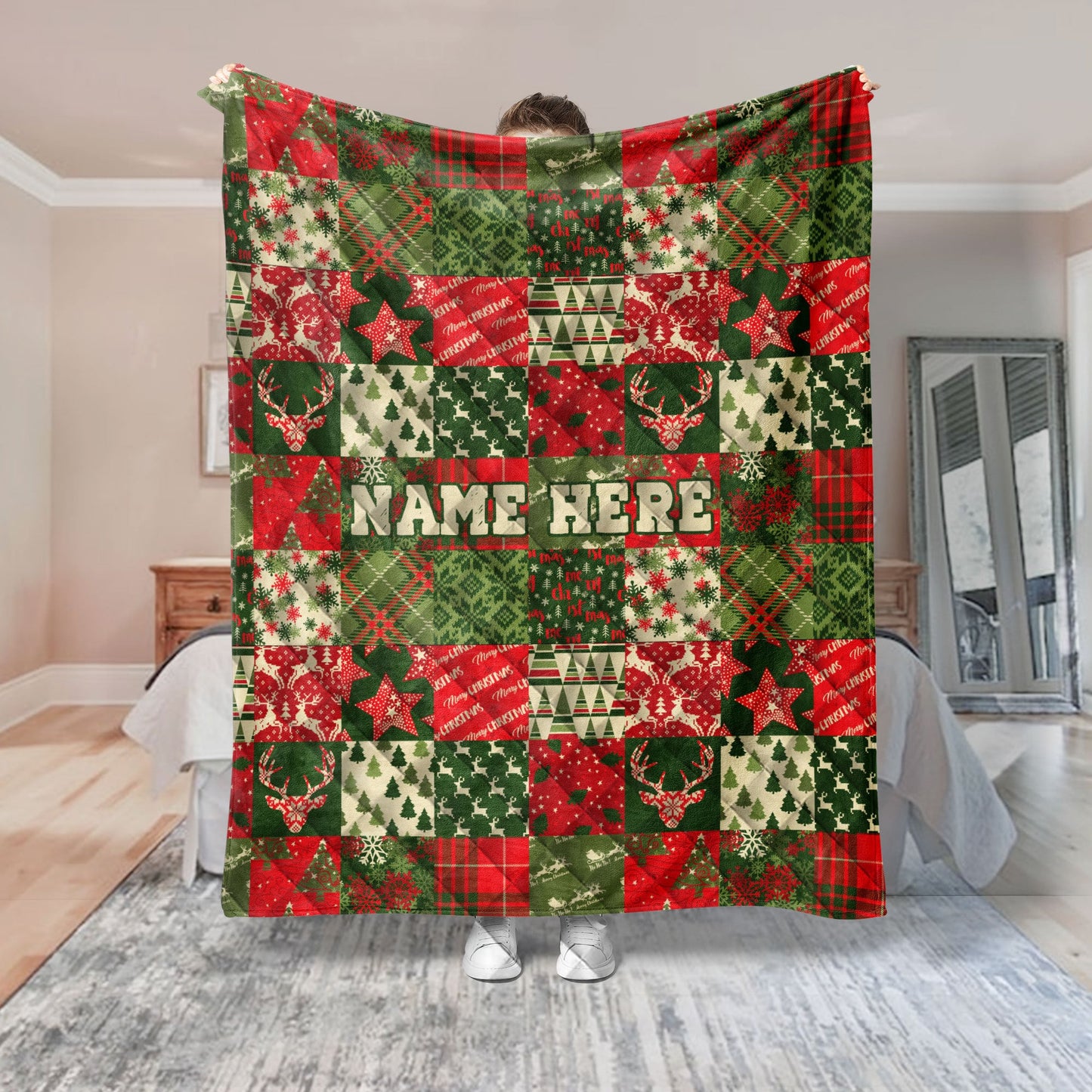Personalized Christmas Quilt Set, Xmas Holiday Patchwork Pattern Quilt Blanket & Pillowcases, Custom Name Quilt Bedding Set, Christmas Gift