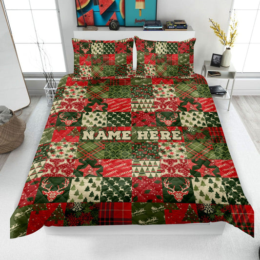 Personalized Christmas Quilt Set, Xmas Holiday Patchwork Pattern Quilt Blanket & Pillowcases, Custom Name Quilt Bedding Set, Christmas Gift