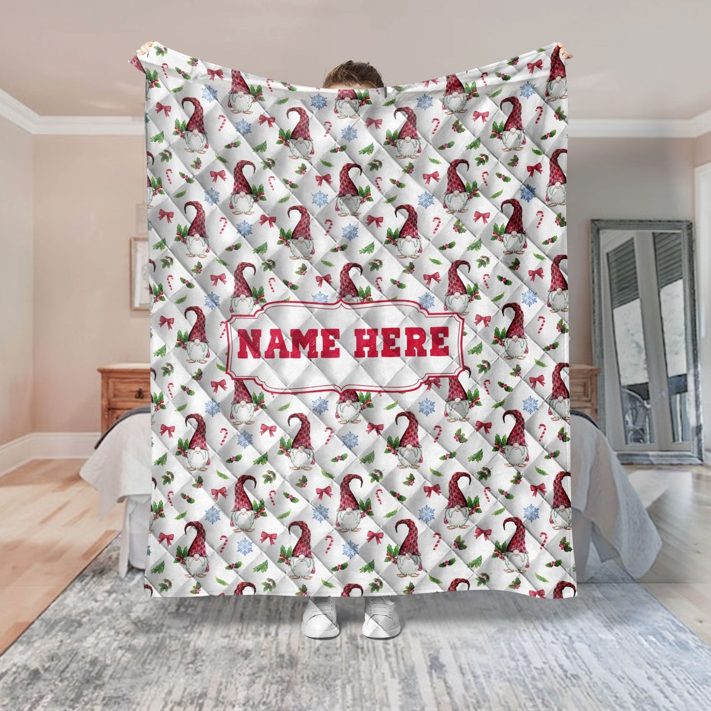 Personalized Christmas Gnome Quilt Set, Xmas Gnomes Pattern Quilt Blanket & Pillowcases, Custom Name Quilt Bedding Set, Christmas Gift