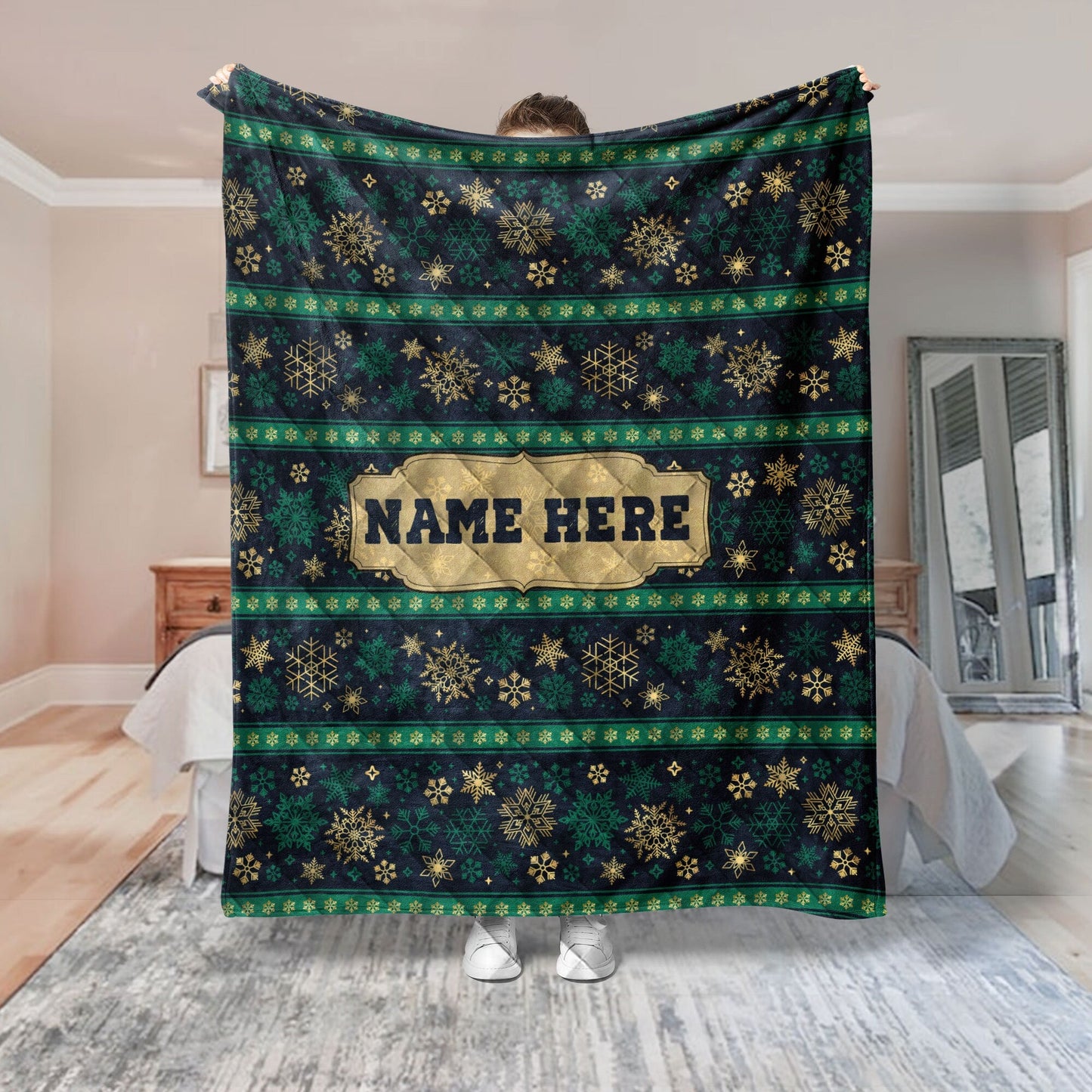 Personalized Christmas Quilt Set, Xmas Winter Snowflake Pattern Quilt Blanket & Pillowcases, Custom Name Quilt Bedding Set, Christmas Gift