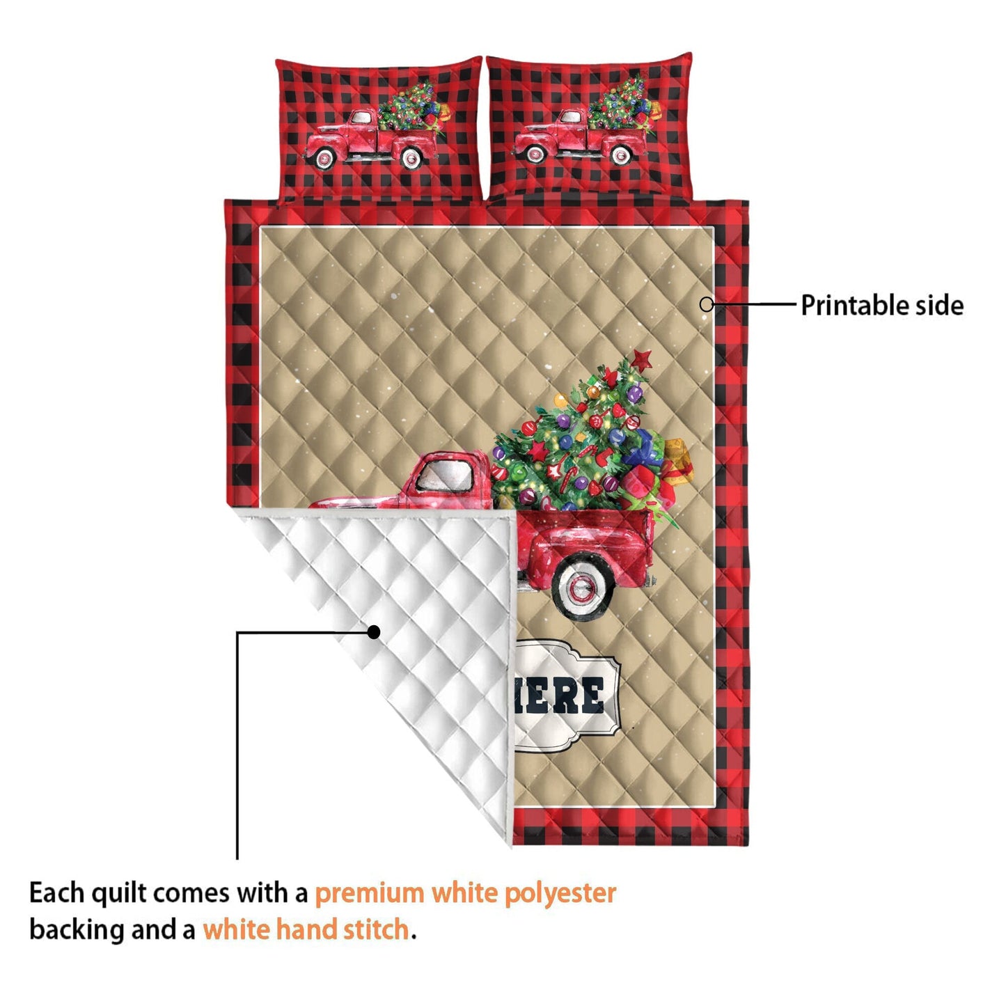 Personalized Christmas Truck Quilt Set, Xmas Red Truck Quilt Blanket & Pillowcases, Custom Name Quilt Bedding Set, Bedspread, Christmas Gift