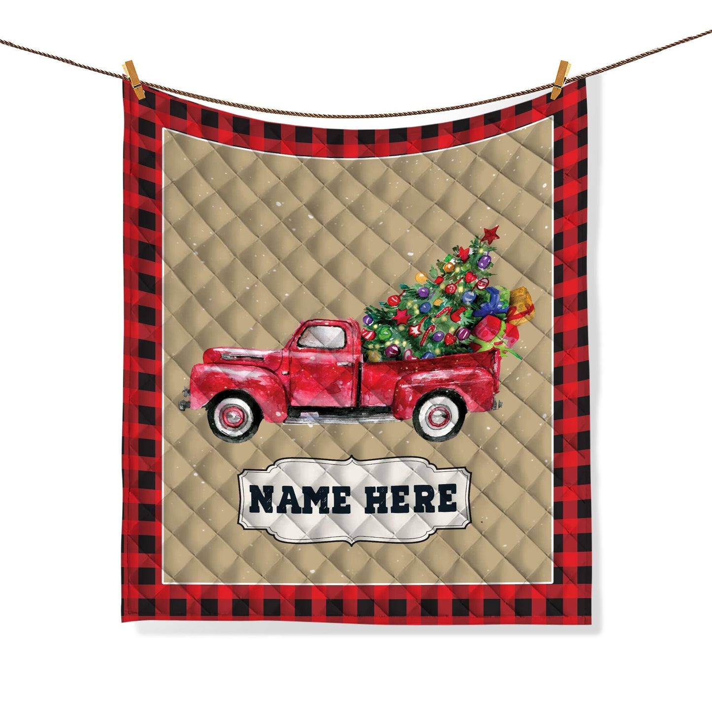 Personalized Christmas Truck Quilt Set, Xmas Red Truck Quilt Blanket & Pillowcases, Custom Name Quilt Bedding Set, Bedspread, Christmas Gift