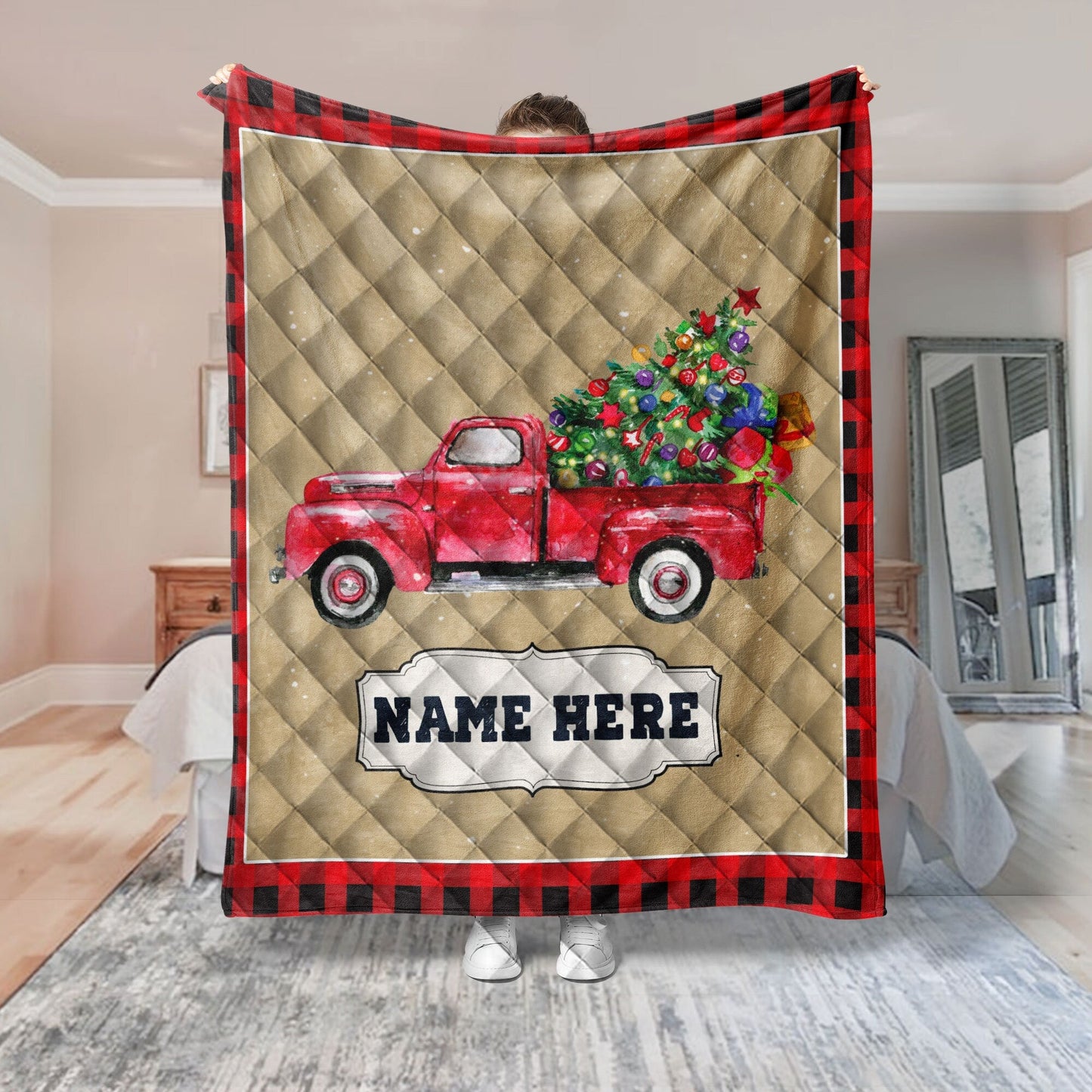 Personalized Christmas Truck Quilt Set, Xmas Red Truck Quilt Blanket & Pillowcases, Custom Name Quilt Bedding Set, Bedspread, Christmas Gift