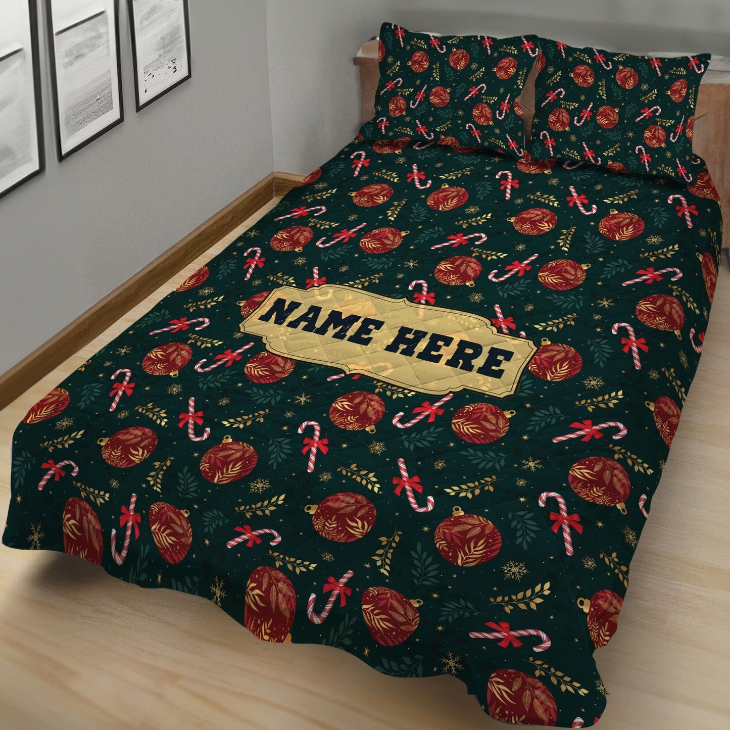 Personalized Christmas Quilt Set, Xmas Candy Cane Quilt Blanket & Pillowcases, Custom Name Quilt Bedding Set, Bedspread, Christmas Gift