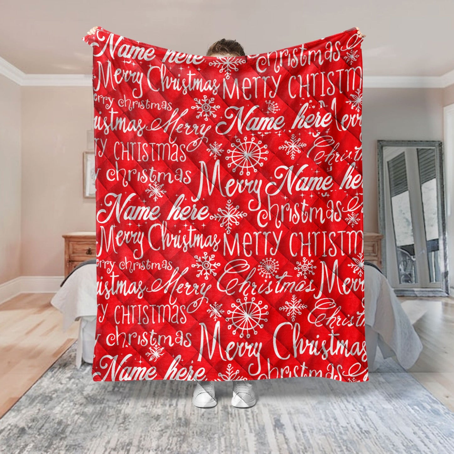 Personalized Christmas Quilt Set, Xmas Holiday Merry Christmas Quilt Blanket & Pillowcases, Custom Name Quilt Bedding Set, Christmas Gift