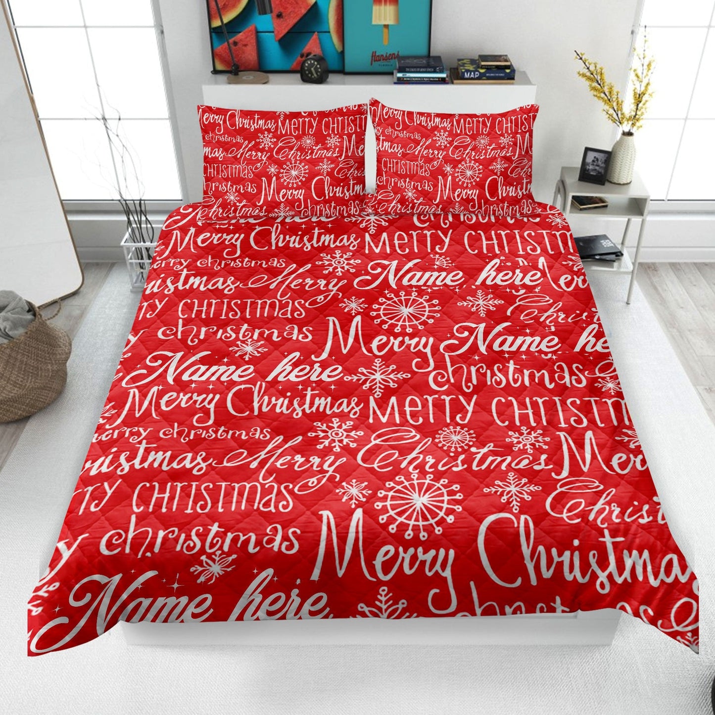Personalized Christmas Quilt Set, Xmas Holiday Merry Christmas Quilt Blanket & Pillowcases, Custom Name Quilt Bedding Set, Christmas Gift