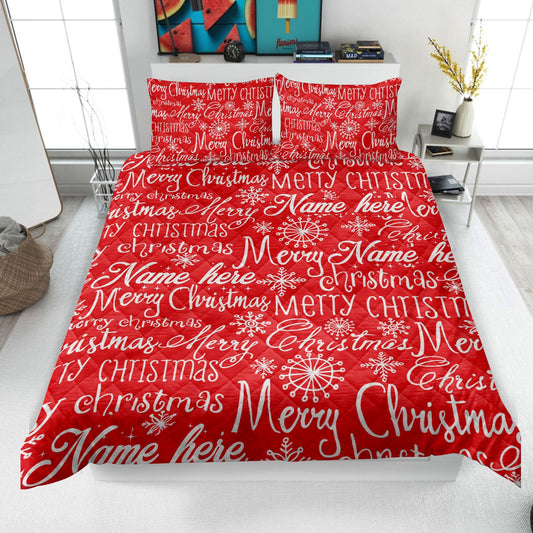 Personalized Christmas Quilt Set, Xmas Holiday Merry Christmas Quilt Blanket & Pillowcases, Custom Name Quilt Bedding Set, Christmas Gift