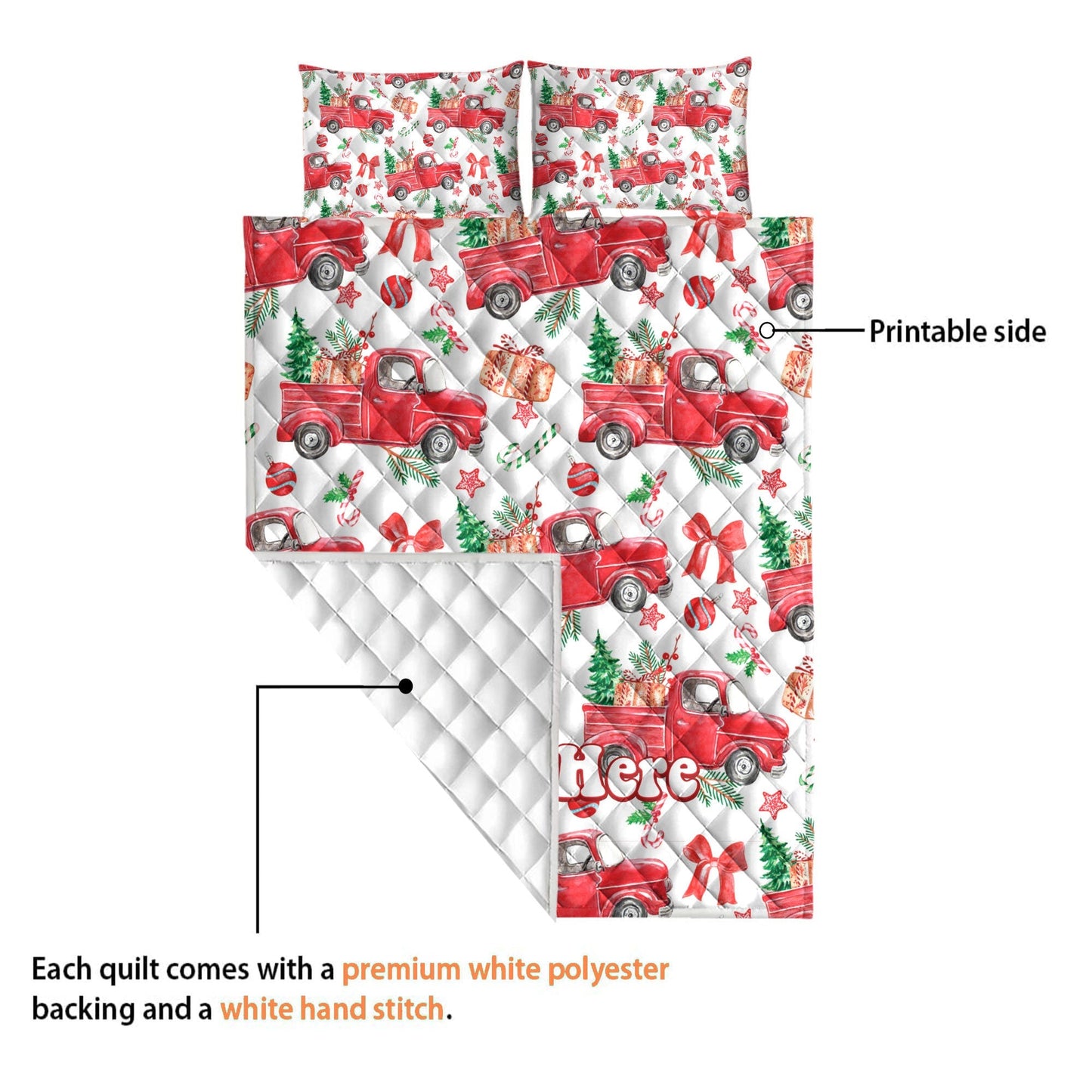 Personalized Christmas Truck Quilt Set, Xmas Candy Cane Quilt Blanket & Pillowcases, Custom Name Quilt Bedding Set, Bedspread, Holiday Gift