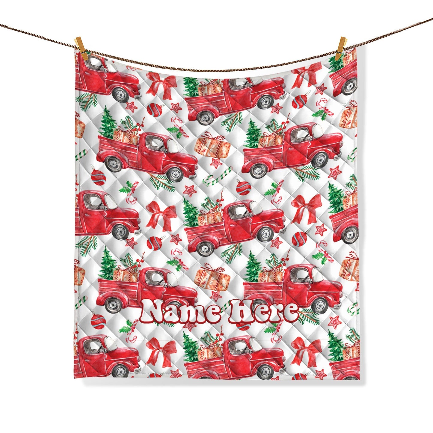 Personalized Christmas Truck Quilt Set, Xmas Candy Cane Quilt Blanket & Pillowcases, Custom Name Quilt Bedding Set, Bedspread, Holiday Gift