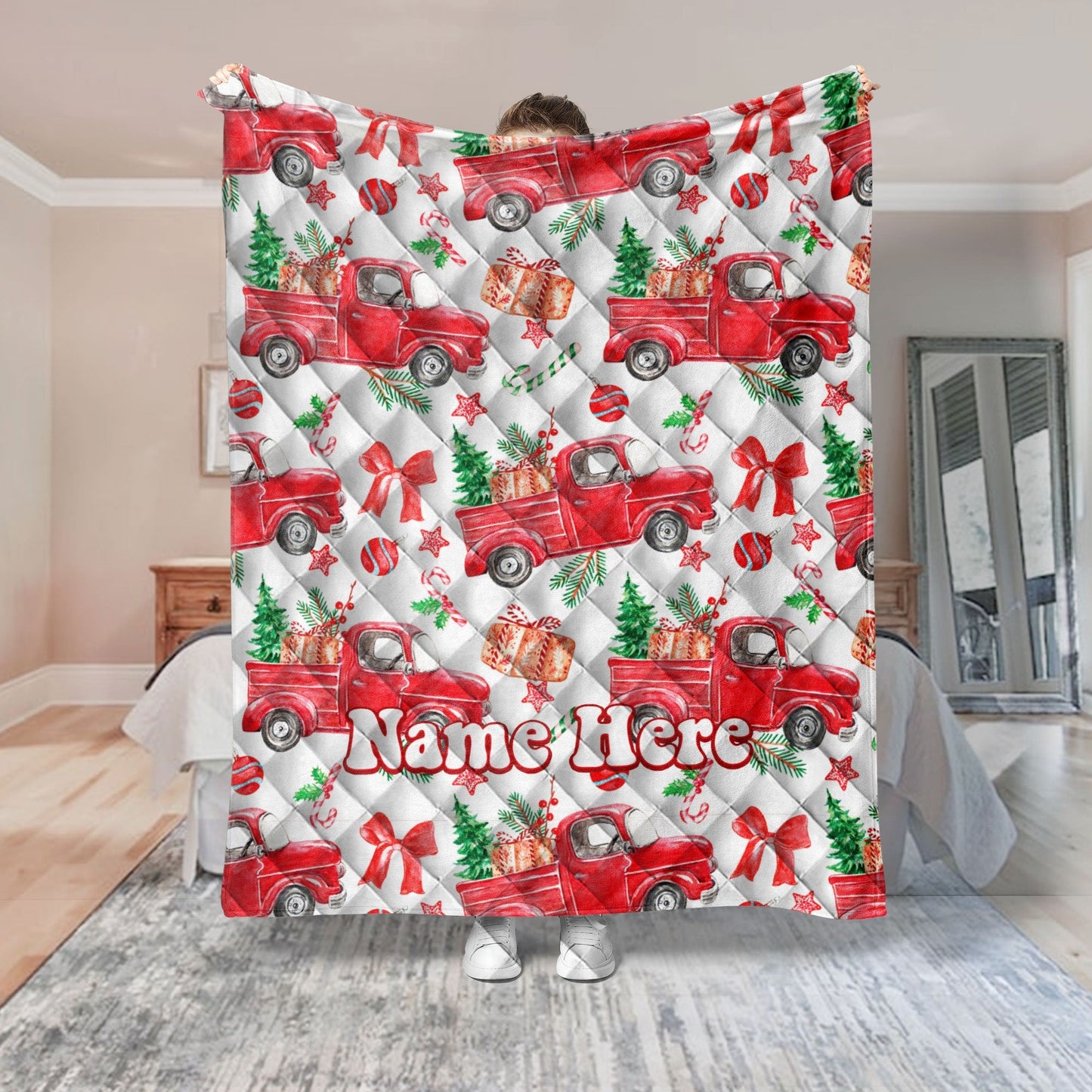 Personalized Christmas Truck Quilt Set, Xmas Candy Cane Quilt Blanket & Pillowcases, Custom Name Quilt Bedding Set, Bedspread, Holiday Gift