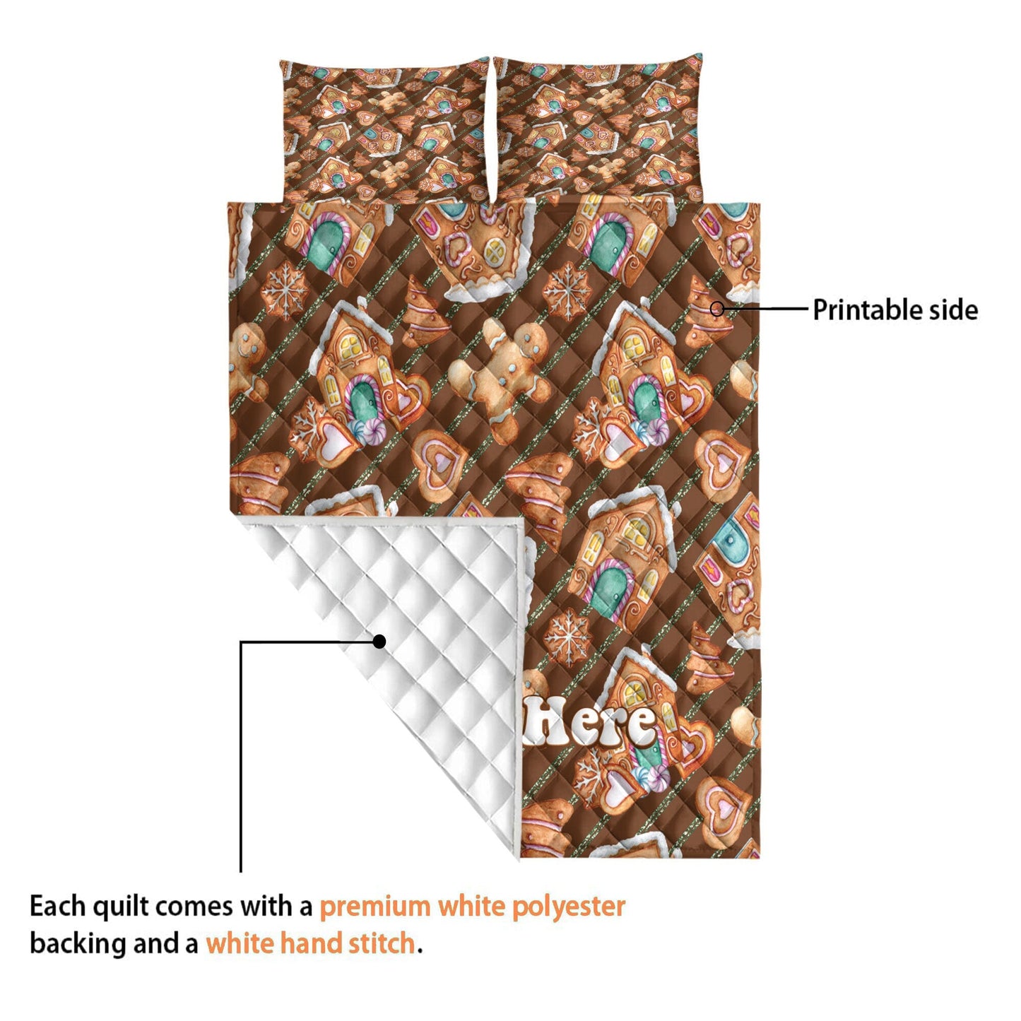 Personalized Christmas Quilt Set, Xmas Gingerbread Quilt Blanket & Pillowcases, Custom Name Quilt Bedding Set, Bedspread, Christmas Gift