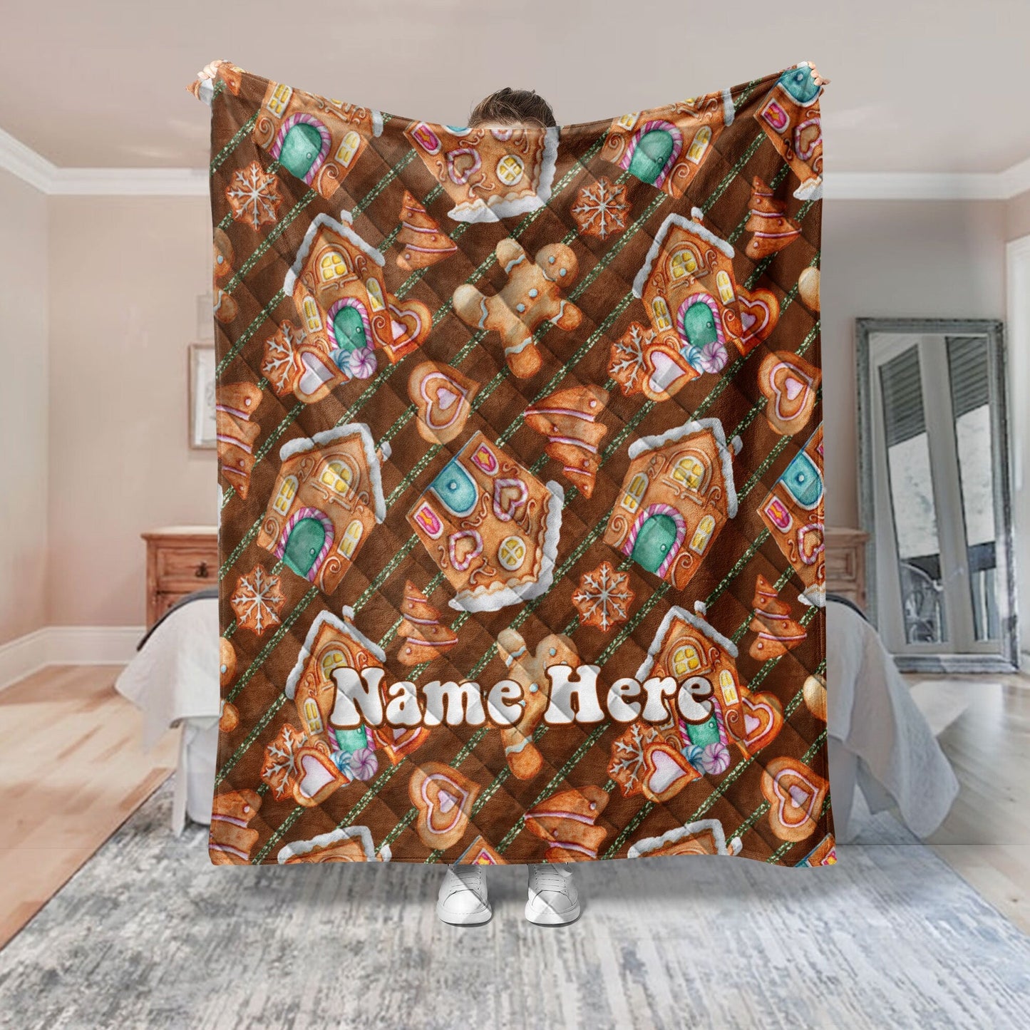 Personalized Christmas Quilt Set, Xmas Gingerbread Quilt Blanket & Pillowcases, Custom Name Quilt Bedding Set, Bedspread, Christmas Gift