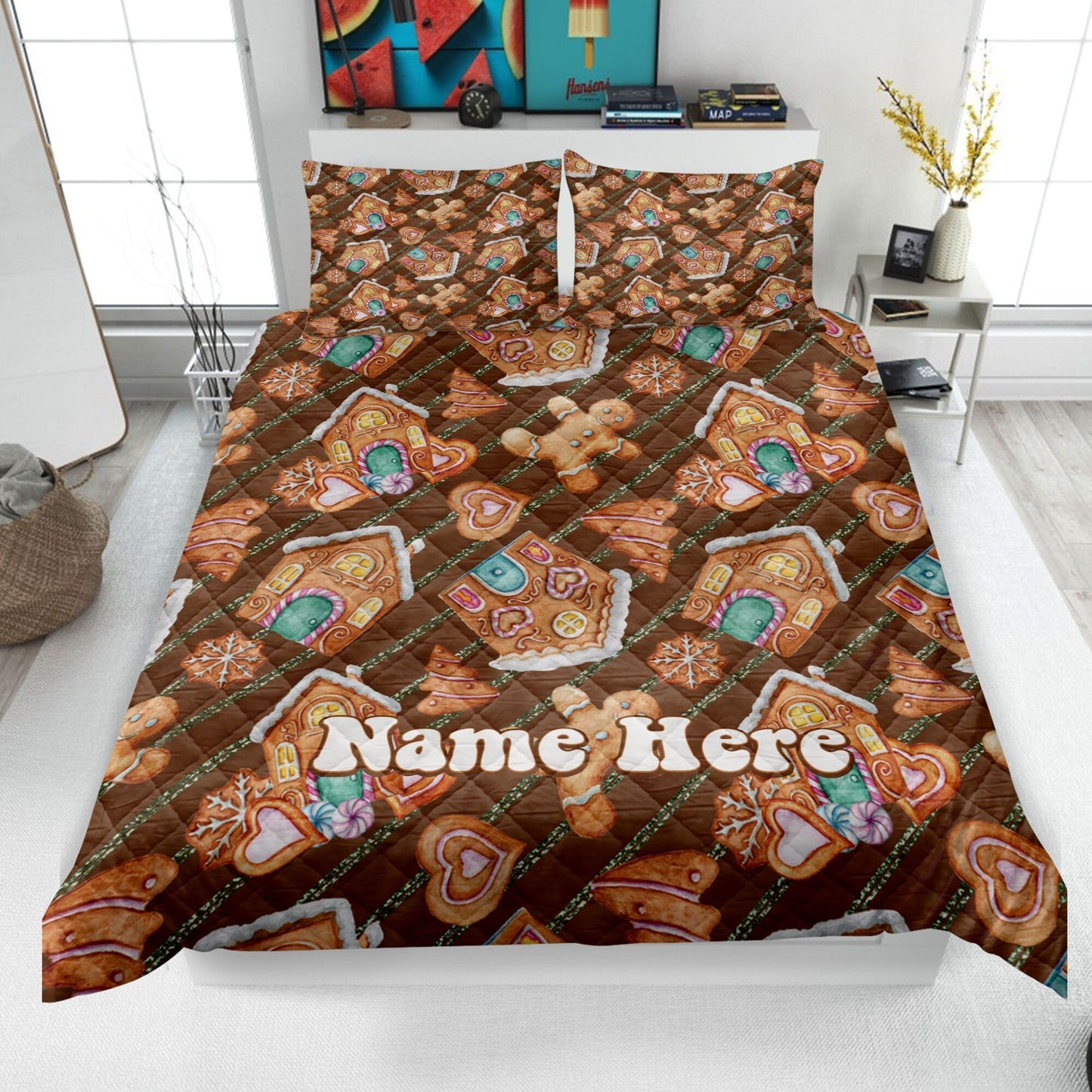 Personalized Christmas Quilt Set, Xmas Gingerbread Quilt Blanket & Pillowcases, Custom Name Quilt Bedding Set, Bedspread, Christmas Gift