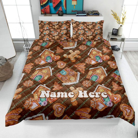 Personalized Christmas Quilt Set, Xmas Gingerbread Quilt Blanket & Pillowcases, Custom Name Quilt Bedding Set, Bedspread, Christmas Gift