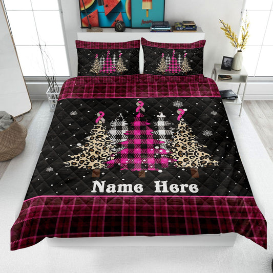 Personalized Breast Cancer Quilt Set, Christmas Tree Quilt Blanket & Pillowcases, Custom Name Quilt Bedding Set, Bedspread, Christmas Gift