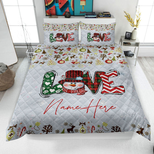 Personalized Christmas Quilt Set, Xmas Snowman Quilt Blanket & Pillowcases, Custom Name Quilt Bedding Set, Bedspread, Gift for Grandma, Mom