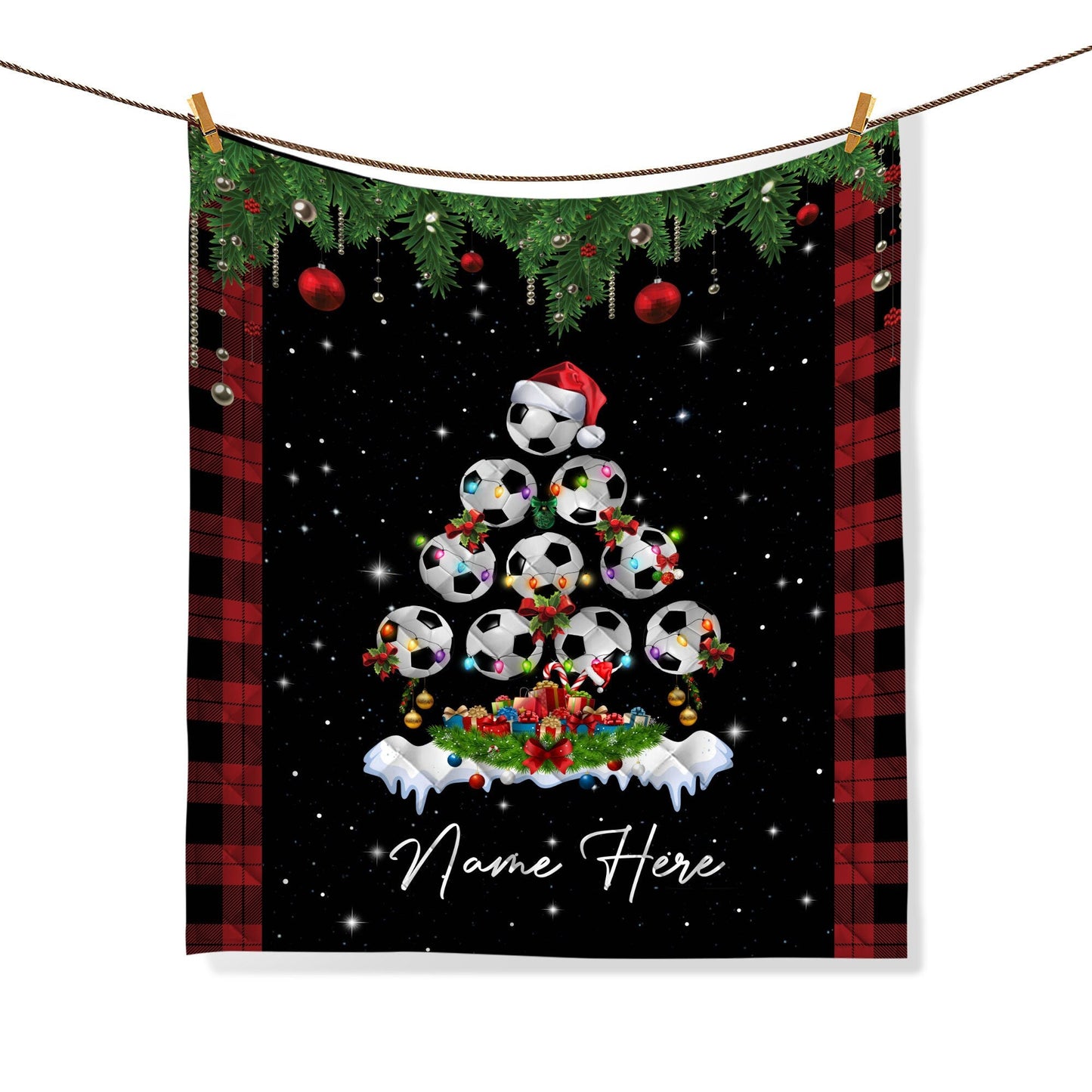 Personalized Soccer Quilt Set, Christmas Tree Soccer Quilt Blanket & Pillowcases, Custom Name Quilt Bedding Set, Christmas Gift for Son, Kid