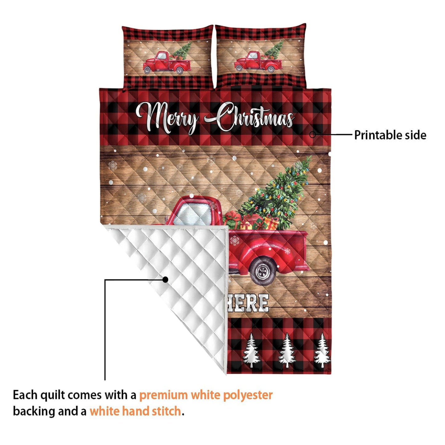 Personalized Christmas Quilt Set, Red Truck Quilt Blanket & Pillowcases, Custom Name Quilt Bedding Set, Xmas Bedspread, Christmas Gift