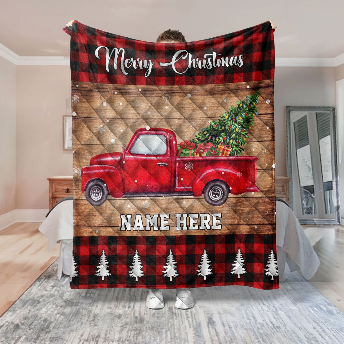 Personalized Christmas Quilt Set, Red Truck Quilt Blanket & Pillowcases, Custom Name Quilt Bedding Set, Xmas Bedspread, Christmas Gift