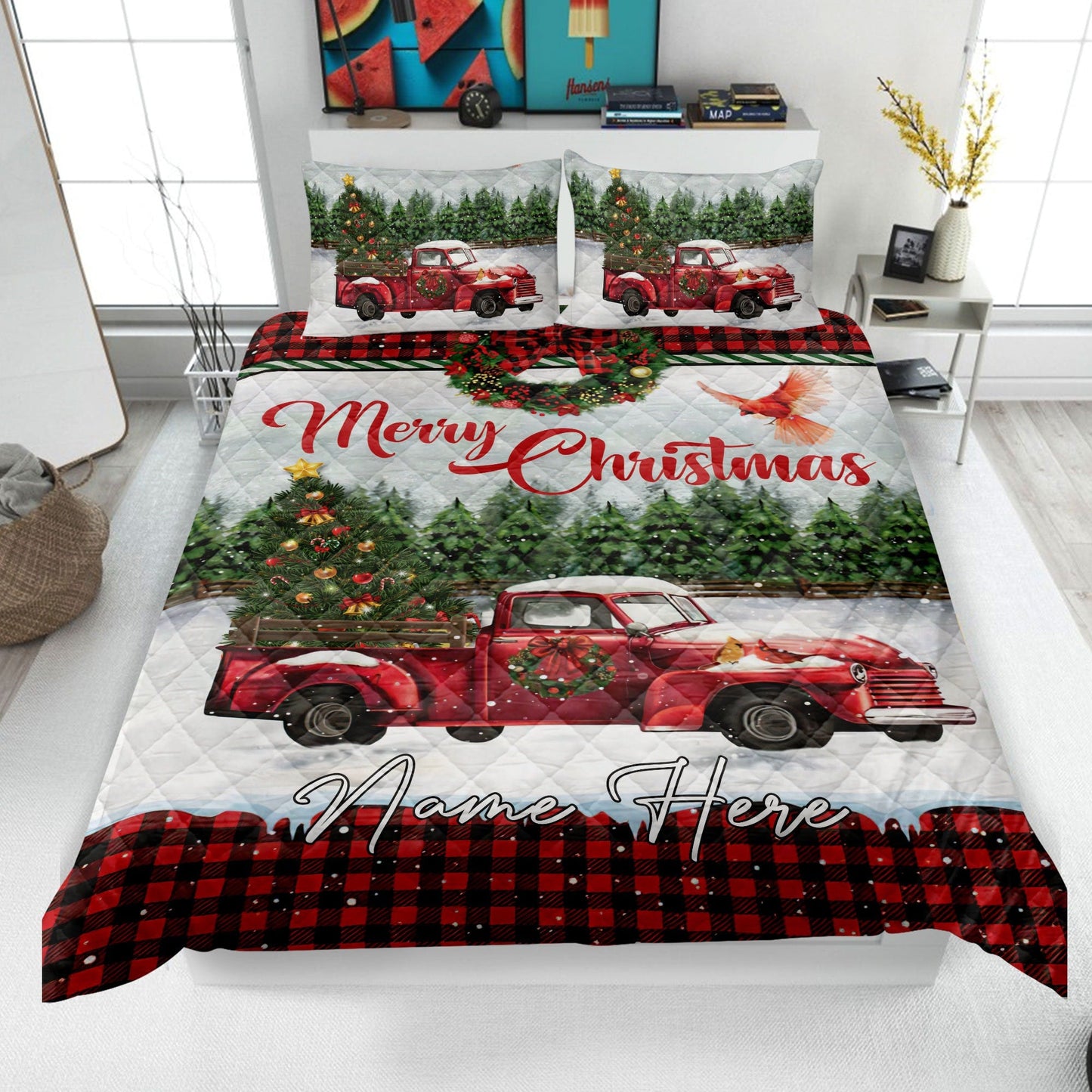 Personalized Christmas Quilt Set, Merry Christmas Quilt Blanket & Pillowcases, Red Truck Quilt Bedding Set, Xmas Bedspread, Custom Gifts