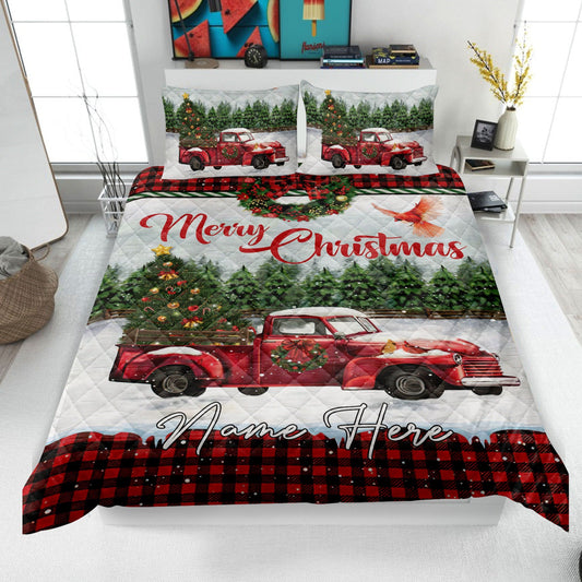 Personalized Christmas Quilt Set, Merry Christmas Quilt Blanket & Pillowcases, Red Truck Quilt Bedding Set, Xmas Bedspread, Custom Gifts