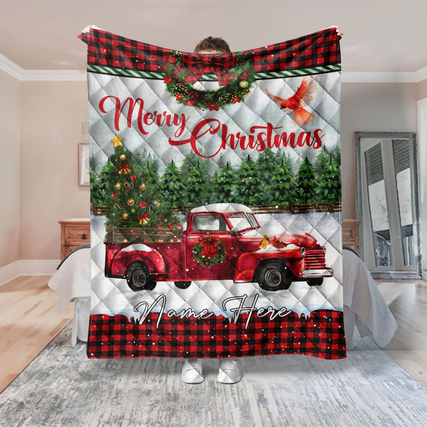 Personalized Christmas Quilt Set, Merry Christmas Quilt Blanket & Pillowcases, Red Truck Quilt Bedding Set, Xmas Bedspread, Custom Gifts