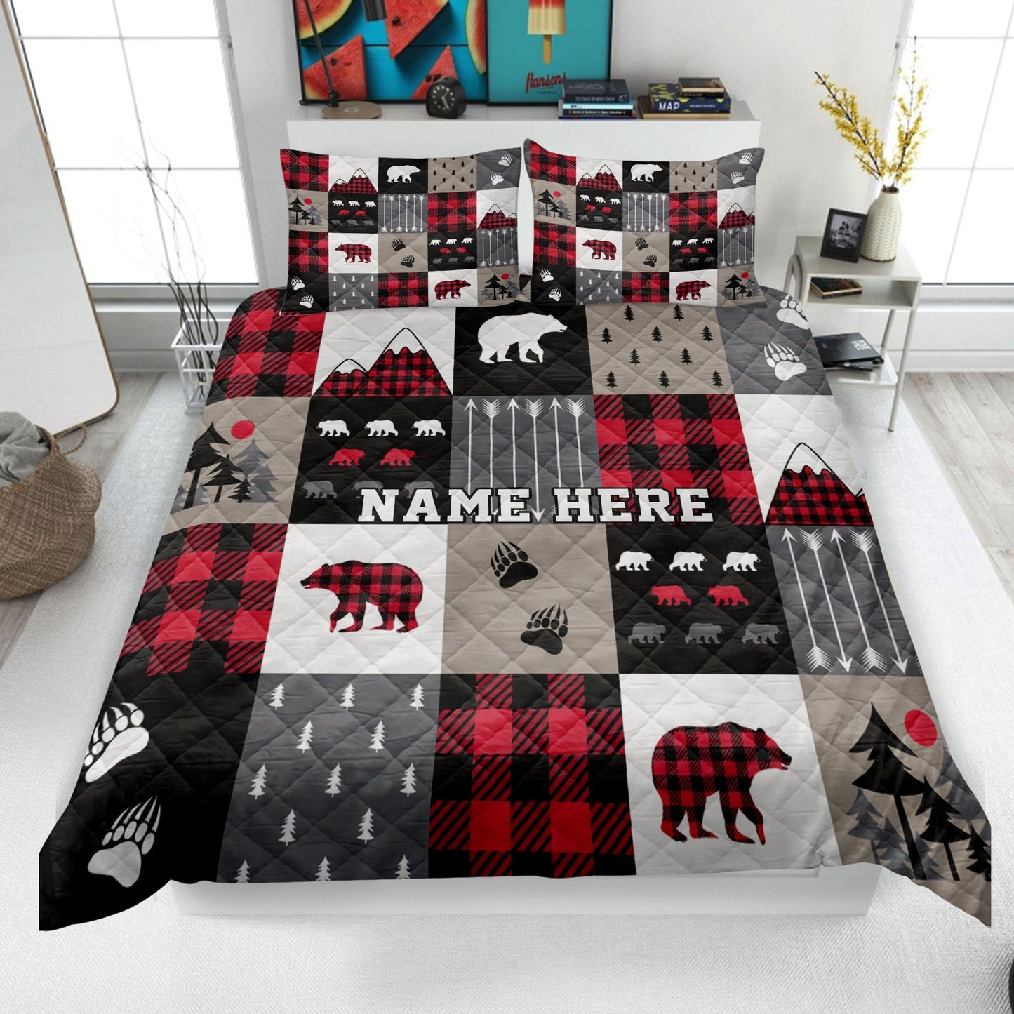 Personalized Christmas Quilt Set, Red Buffalo Plaid Quilt Blanket & Pillowcases, Bear Cabin Quilt Bedding Set, Xmas Bedspread, Custom Gifts