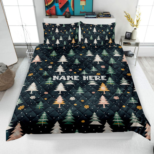 Personalized Christmas Quilt Set, Xmas Holiday Pine Tree Quilt Blanket & Pillowcases, Custom Name Quilt Bedding Set, Christmas Gift