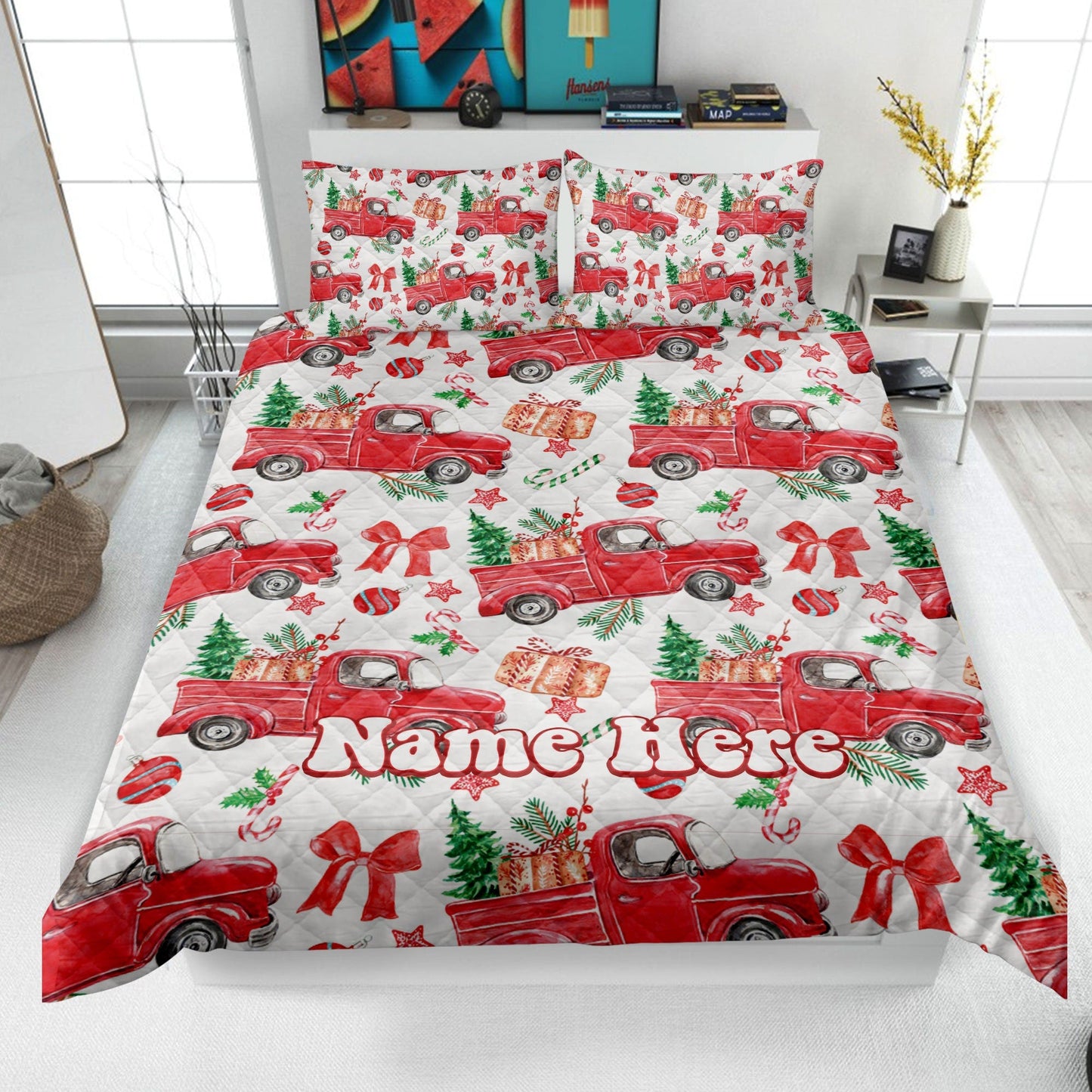 Personalized Christmas Truck Quilt Set, Xmas Candy Cane Quilt Blanket & Pillowcases, Custom Name Quilt Bedding Set, Bedspread, Holiday Gift