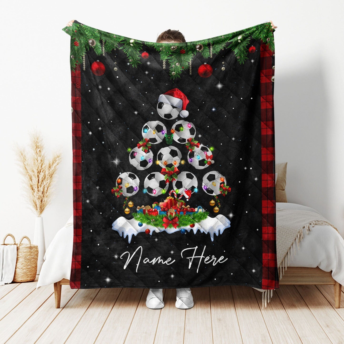 Personalized Soccer Quilt Set, Christmas Tree Soccer Quilt Blanket & Pillowcases, Custom Name Quilt Bedding Set, Christmas Gift for Son, Kid