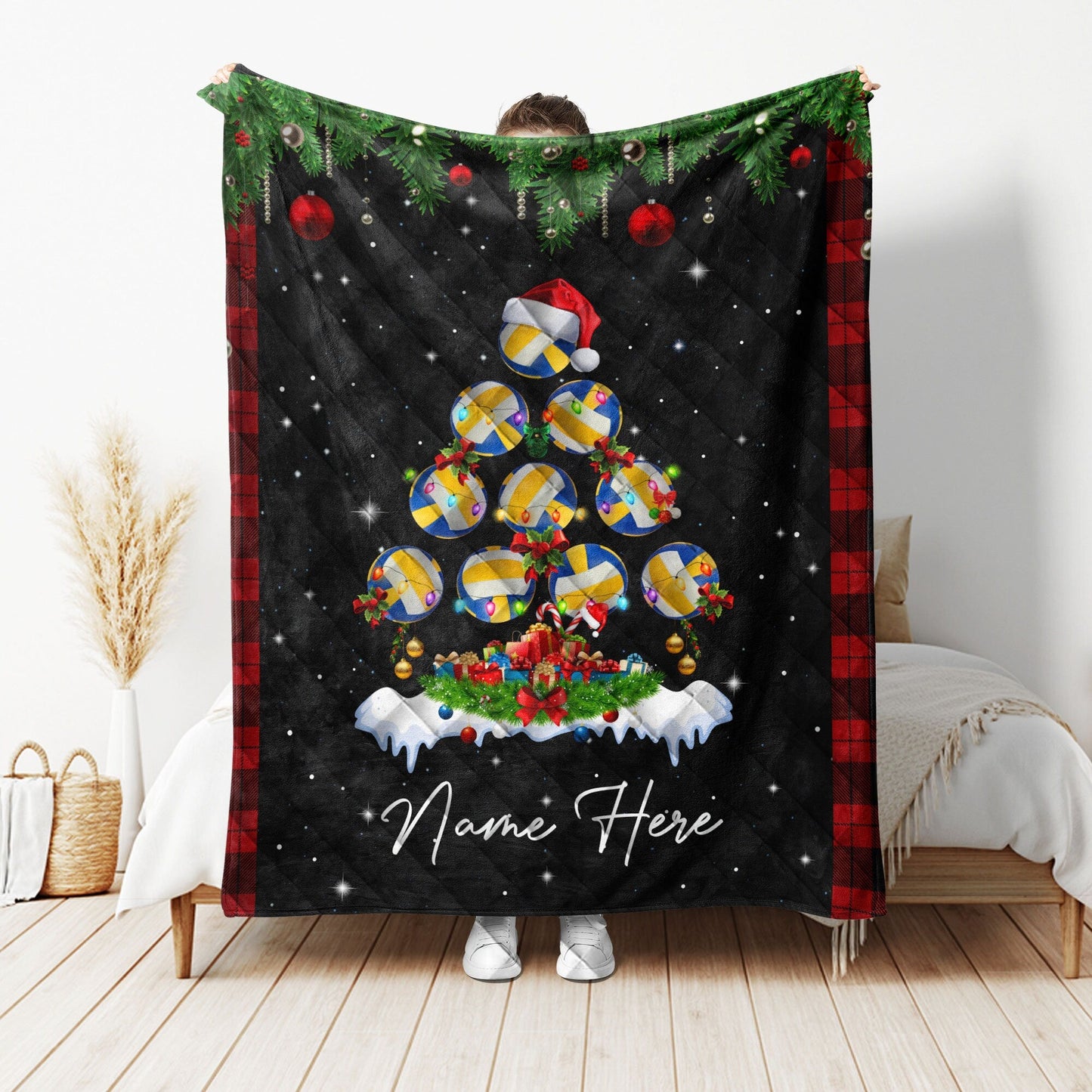 Personalized Volleyball Quilt Set, Christmas Tree Quilt Blanket & Pillowcase, Custom Name Number Quilt Bedding Set, Gift for Daughter, Kid