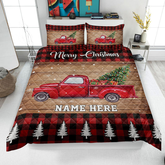 Personalized Christmas Quilt Set, Red Truck Quilt Blanket & Pillowcases, Custom Name Quilt Bedding Set, Xmas Bedspread, Christmas Gift