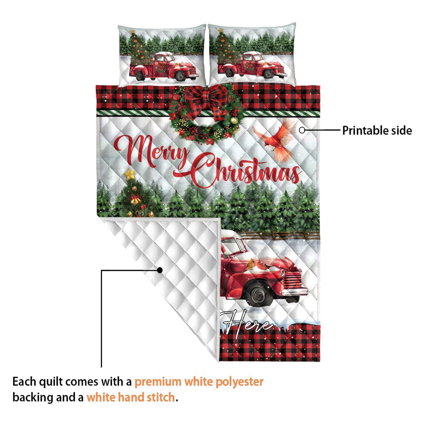 Personalized Christmas Quilt Set, Merry Christmas Quilt Blanket & Pillowcases, Red Truck Quilt Bedding Set, Xmas Bedspread, Custom Gifts