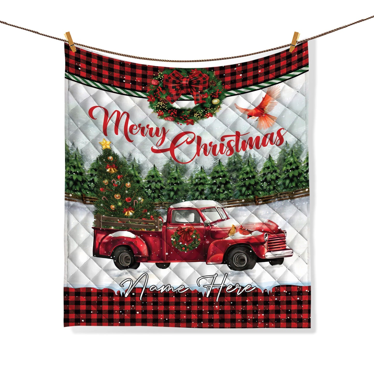 Personalized Christmas Quilt Set, Merry Christmas Quilt Blanket & Pillowcases, Red Truck Quilt Bedding Set, Xmas Bedspread, Custom Gifts